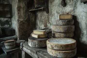 Fototapeta premium Aged Cheese Wheels and Blocks on a Rustic Wooden Shelf