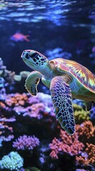 Obraz premium A sea turtle gliding gracefully beside a coral reef, showcasing vibrant colors and the importance of marine life conservation.