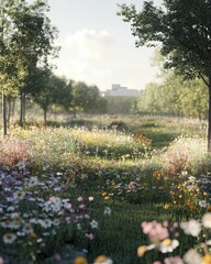 Obraz premium A small city park with wildflowers and native trees, urban rewilding, natural landscaping, soft morning light