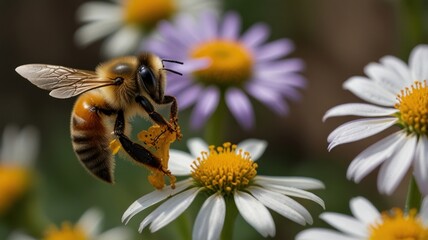 Obraz premium A close-up of a honeybee in flight, collecting pollen from a daisy.