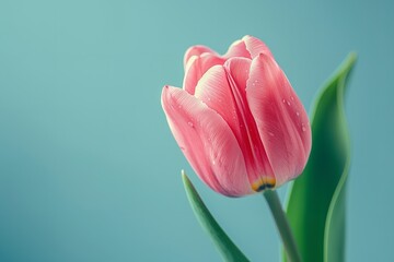 Fototapeta premium An exquisite pink flower from above and up&nbsp;with ample space for text&nbsp;set on a crisp blue background, Generative AI.