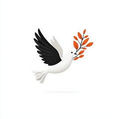 Obraz premium A graceful bird in flight, carrying a branch with vibrant orange leaves, symbolizing peace and harmony.