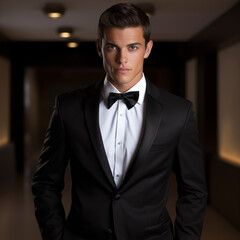 A sharp-featured male model in a tailored black suit, holding a sleek perfume bottle, illuminated by moody lighting with a foggy backdrop, exuding elegance and confidence.