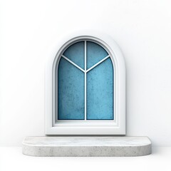 A modern arched window with blue glass, set against a minimalist backdrop, ideal for architecture and interior design projects.