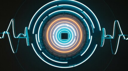 Fototapeta premium Abstract neon circle pattern. Futuristic, glowing neon circles with a heartbeat pulse in a dark background, symbolizing technology and innovation.