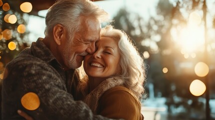 A senior couple is shown enjoying a moment together, embracing lovingly while standing amidst a setting sun, capturing a beautiful, intimate outdoor scene.