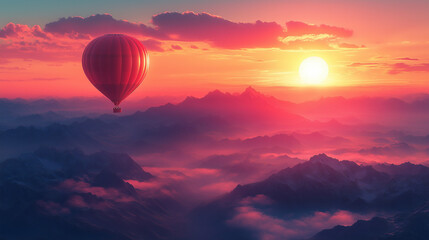 Fototapeta premium Hot Air balloons flying over Mountains landscape sunset vintage nature background.