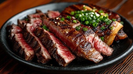 A succulent, juicy sliced steak served on a black plate, garnished with vibrant green onions, offering a tantalizing glimpse into gourmet cuisine and fine dining.
