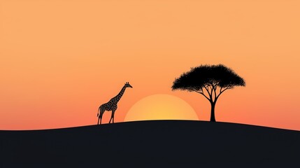 Naklejka premium A serene silhouette of a giraffe against a vibrant sunset, highlighting the beauty of nature's tranquility and wildlife.