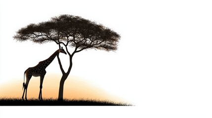 A silhouette of a majestic giraffe standing beside a tree at sunset, showcasing the beauty of wildlife in a serene landscape.