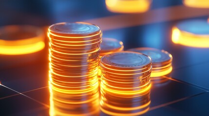 3D a glowing stack of coins on a sleek table symbolizing the excitement of payday perfect and wonderful
