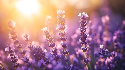 A serene field of lavender swaying gently in the breeze, soft sunlight illuminating the purple blooms, with a touch of vanilla and chamomile in the air, creating a peaceful and relaxing atmosphere,