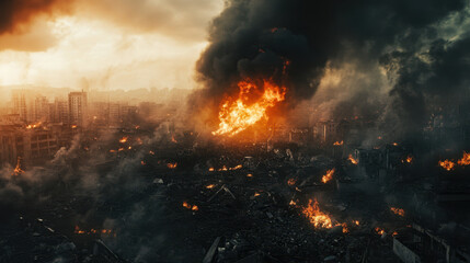 Fototapeta premium Dramatic scene of fire erupting from central point, engulfing devastated urban landscape. Smoke billows into sky, creating haunting atmosphere of destruction and chaos