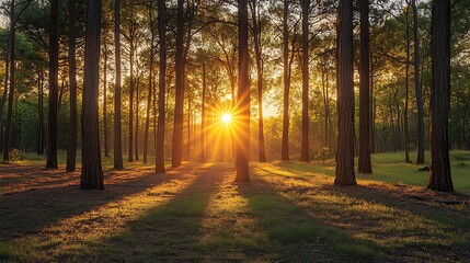 Obraz premium A serene forest scene at sunset, pine and cedarwood trees casting long shadows, eucalyptus leaves softly swaying in the cool breeze, golden light filtering through the canopy,