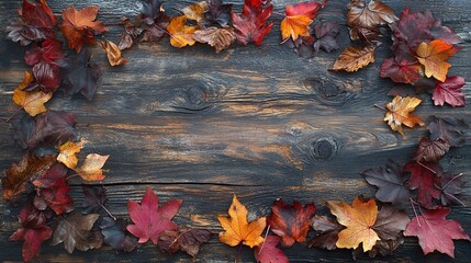 Colorful Autumn Leaves on Rustic Wooden Background
