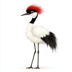 Obraz premium A vibrant animated crane with striking red feathers and a fluffy body, perfect for children's illustrations and educational materials.