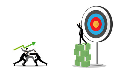 Businessman throws a green arrow javelin at a target, defended by a team of competitors on banknotes stack, the rival challenge of leader in business goal. Market competition success in the corporate