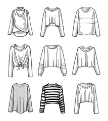 Vector illustrations of sweatshirts in line art style, featuring black and white outlines that highlight trendy clothing designs