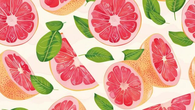 Seamless loop animated pattern with grapefruit citrus fruits with leaves, endless video