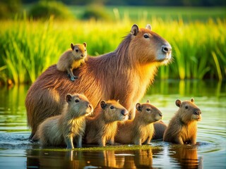 Little Capybara Family Stacking on Mother&rsquo;s Back in Serene Natural Landscape