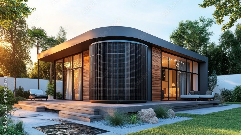Poster a modern house with a large window and a balcony