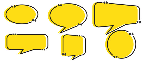 Obraz premium Quote box frame set. Blank quote boxes for text. Quotation bubble frame template with yellow background. Quote text in speech bubble. Quote bubble testimonial banners. Text in brackets