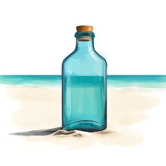 Glass bottle on sandy beach with turquoise water background
