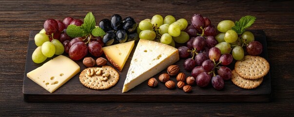 Cheese platter with assorted grapes, nuts, and crackers on wooden board.