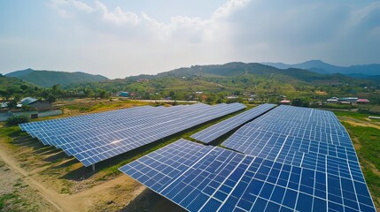 Rows of solar panels installed alongside farmland, harnessing energy from the sun while supporting agricultural activities.