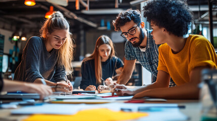 Young professionals collaborating on project during hackathon, showcasing teamwork and creativity in vibrant workspace. Their focused expressions reflect enthusiasm and innovation