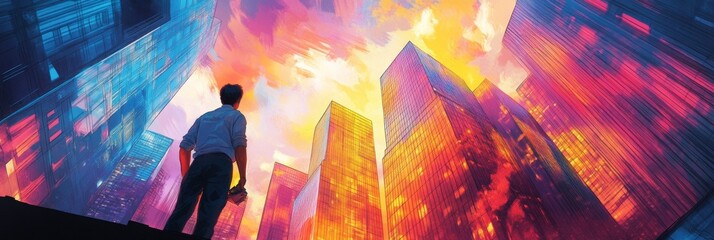 Vibrant cityscape illustration featuring colorful glass skyscrapers, capturing the essence of urban life and creativity in a graphic novel setting