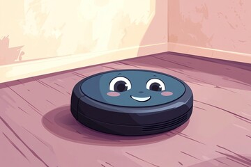 Cheerful Robot Vacuum Cleaning Floor Cartoon Illustration
