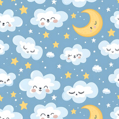 Cute pattern with smiling clouds, moons, and stars on a blue background. Whimsical and playful design, perfect for children's themes