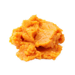 Delicious mashed sweet potatoes isolated on white