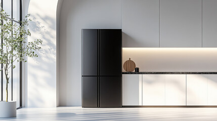realistic kitchen with a black and white and dark gray cabinet, a light luxury interior design
