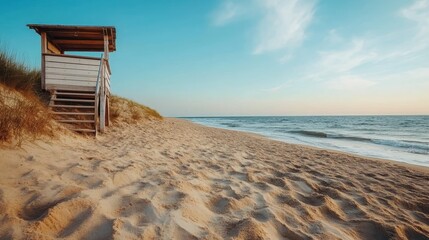 A lifeguard hut stands watch over a wide, sandy shore, capturing the beauty of a clear blue sky meeting the ocean, symbolizing safety and calmness.