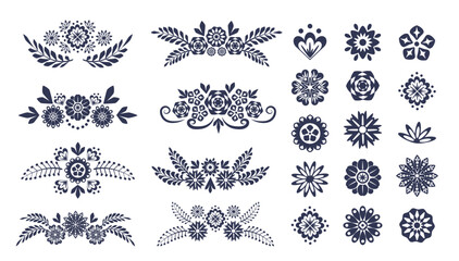 Black silhouette symmetrical flowers. Scandinavian folk art black silhouette symmetrical flowers. Flower composition border line. Decorative elements for weddings, holidays, accessories