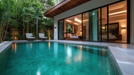 A cozy private pool surrounded by lush tropical vegetation provides a secluded retreat with cushioned loungers, warm lighting, and a modern architectural design.