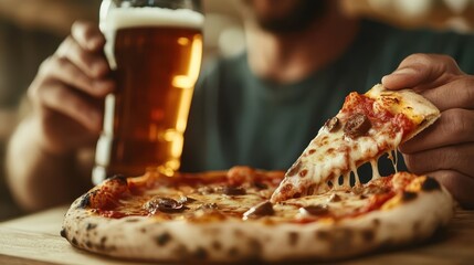 A person savors a slice of pizza paired with a cold beer, enjoying a relaxed and carefree moment, embodying comfort and leisure in a casual setting.