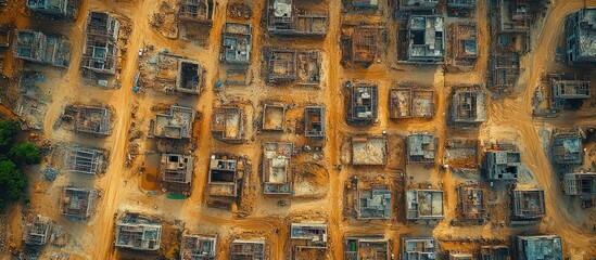 Obraz premium Aerial view of a developing neighborhood with unfinished buildings and dirt roads.