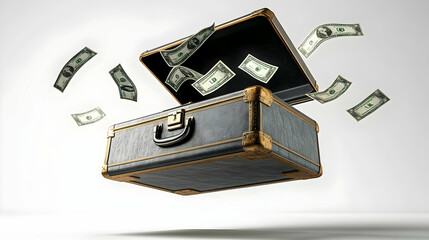 3D Levitating Briefcase Dollar Bills Flying Symbolizing Business Success High Quality Image Open Briefcase Suspended Air Profit Wealth Dynamic Composition White Background
