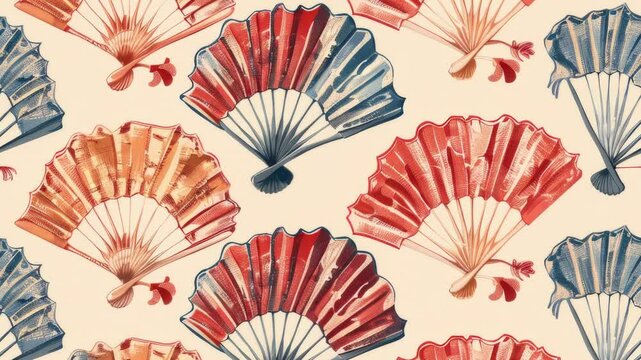 Hand fan pattern in traditional oriental style, seamless loop animated video
