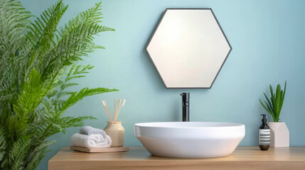 Fototapeta premium Modern bathroom decor featuring a hexagon mirror, blue and minimalist