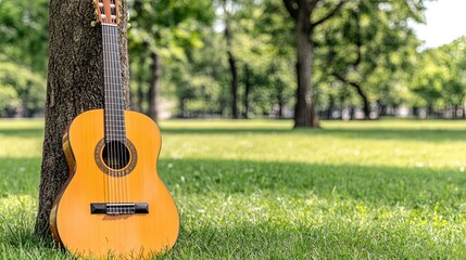 A guitar leans against a tree in a green meadow, showcasing the beauty of spring in clear daylight