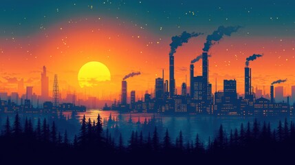 A vibrant sunset over an industrial skyline with smoke and water.