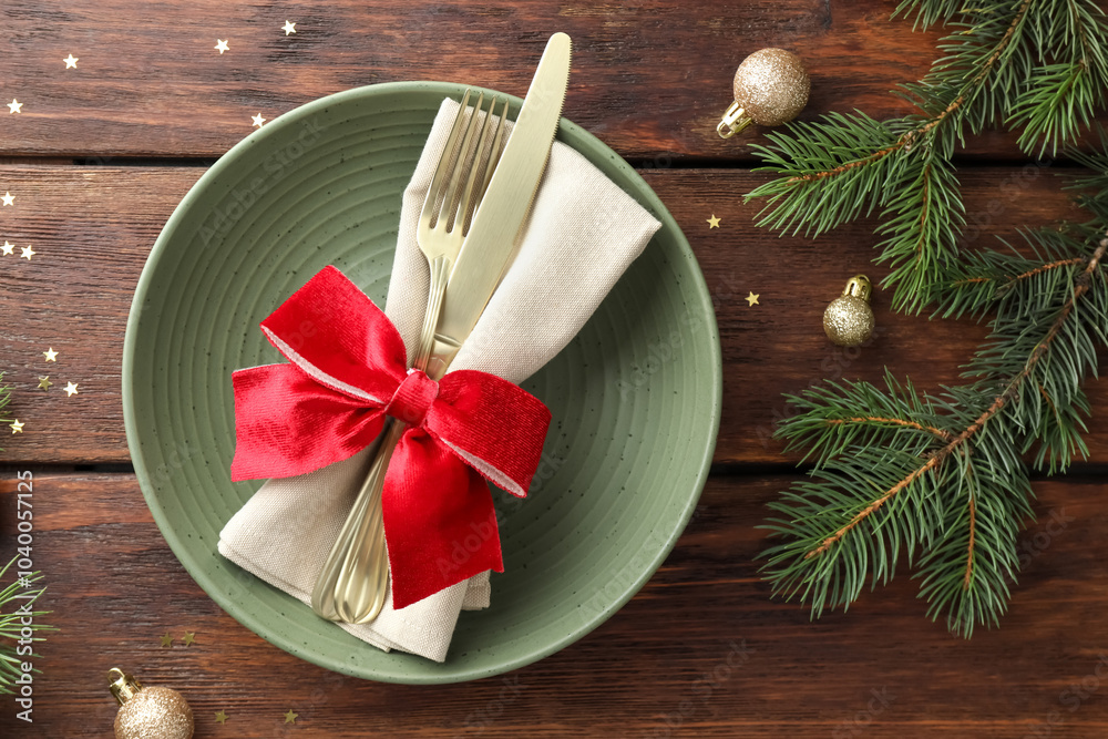 Canvas Prints Christmas setting and festive decor on wooden table, flat lay