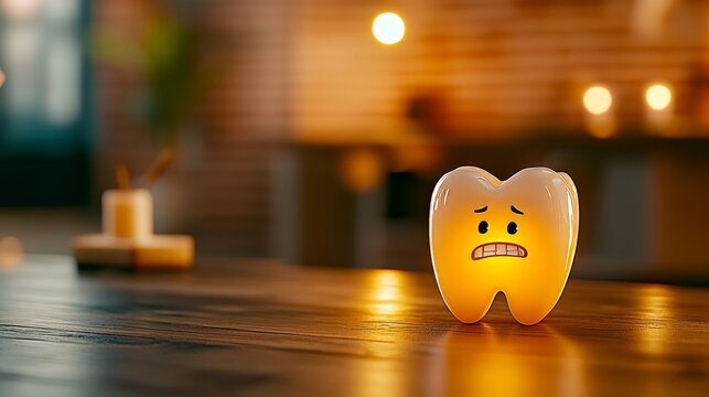 Un diente con expresi&oacute;n de dolor o tristeza en un ambiente c&aacute;lido y tenue, destacando la importancia del cuidado dental.

