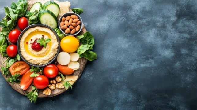 Un plato de hummus con bastones de verduras frescas, almendras y nueces, dispuestos sobre una tabla de madera en un fondo gris oscuro.

