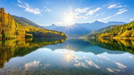 Obraz premium Scenic Lake View with Reflective Water and Clear Sky