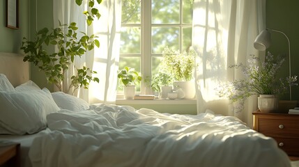 A tranquil bedroom with crisp, white linens on the bed, sunlight pouring in through the window, the fresh scent of clean laundry and lavender lingering in the air, a serene and inviting atmosphere.